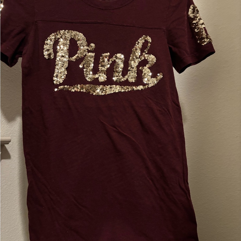 Victoria's Secret Pink Sequin Logo T-Shirt - Maroon